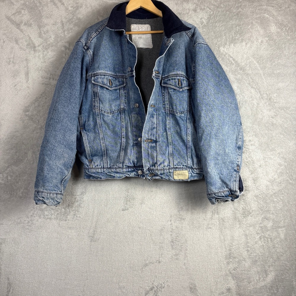 Vintage Esprit Denim Jacket Lined Trucker Large Blue Corduroy Collar 90s Y2K